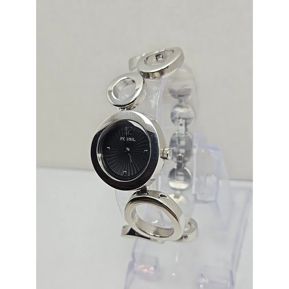 Fossil F2 ES1622 Womens Silver Circle Link Black Dial Watch Quartz New Battery